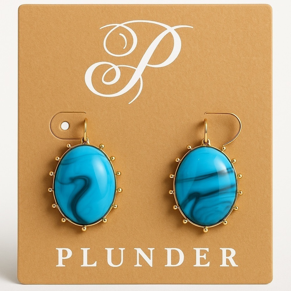 ❄️ Plunder | Blue Marbled Oval Set In Gold Stud Earrings